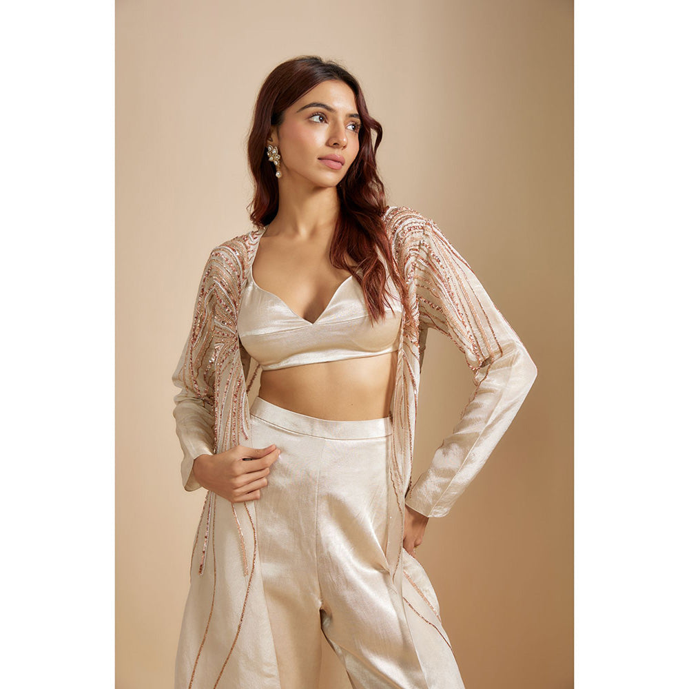 Masumi Mewawalla Beige Embroidered Jacket with Crop Top and Pant (Set of 3)