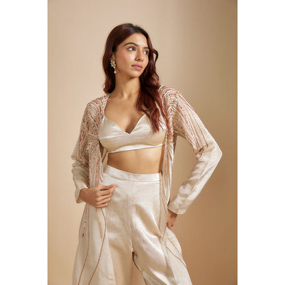 Masumi Mewawalla Beige Embroidered Jacket with Crop Top and Pant (Set of 3)