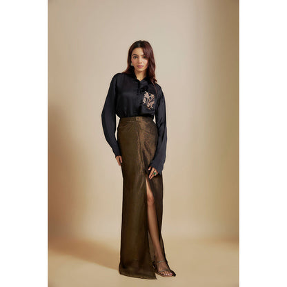 Masumi Mewawalla Black Embroidered Shirt with Skirt (Set of 2)