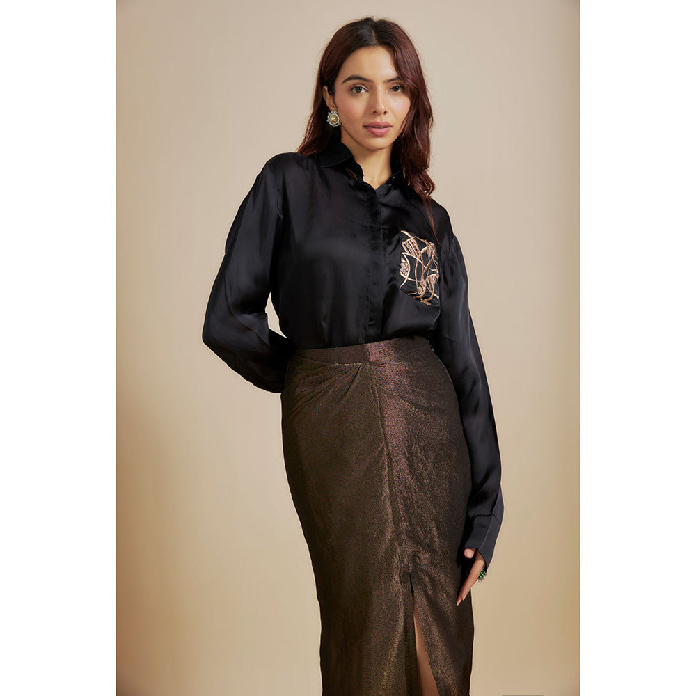 Masumi Mewawalla Black Embroidered Shirt with Skirt (Set of 2)