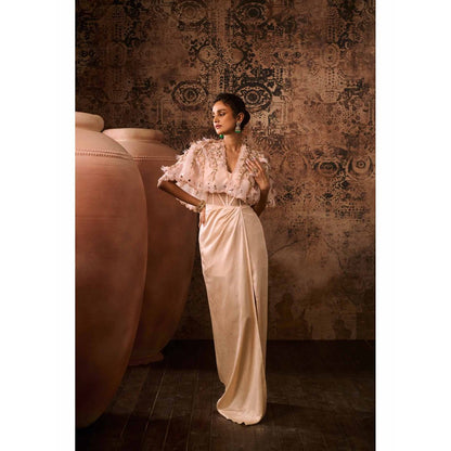 Masumi Mewawalla Peach Embroidered Evening Gown with Cape (Set of 2)