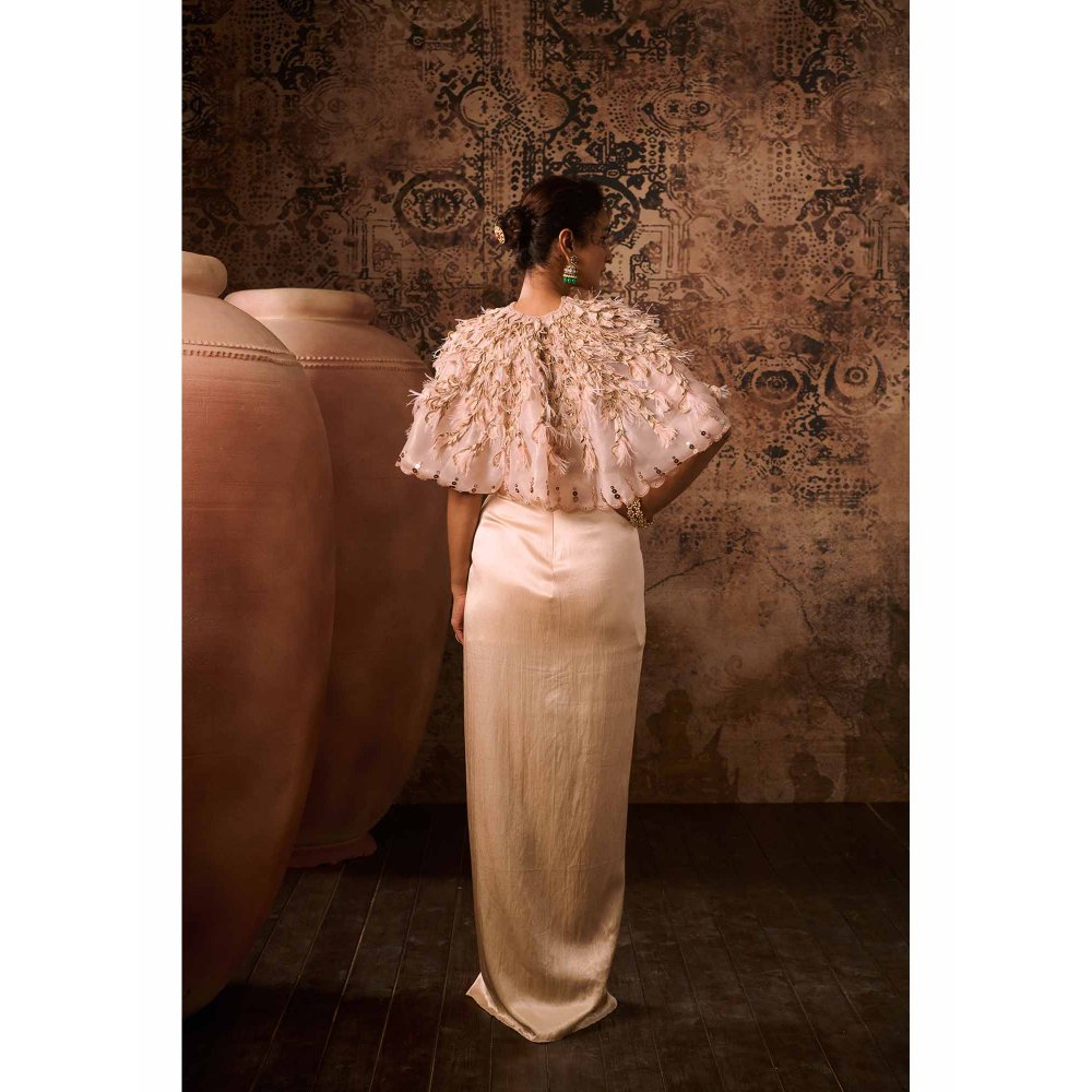 Masumi Mewawalla Peach Embroidered Evening Gown with Cape (Set of 2)