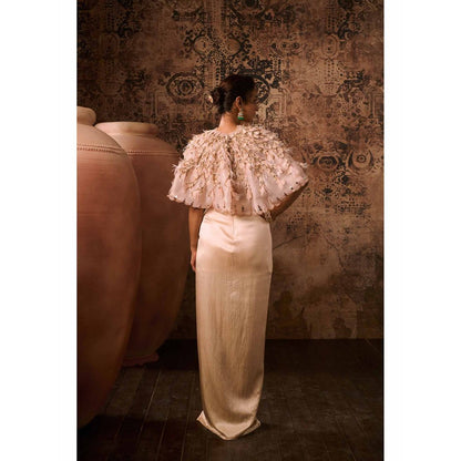 Masumi Mewawalla Peach Embroidered Evening Gown with Cape (Set of 2)