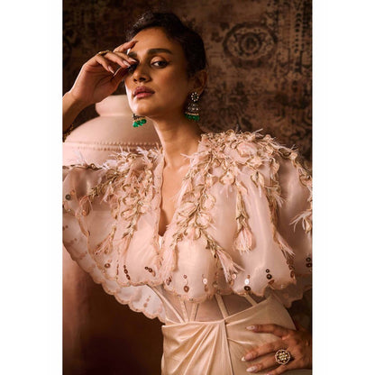 Masumi Mewawalla Peach Embroidered Evening Gown with Cape (Set of 2)