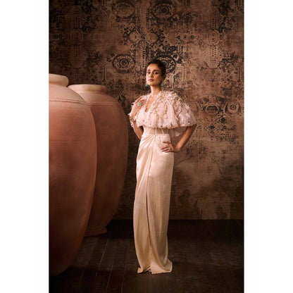 Masumi Mewawalla Peach Embroidered Evening Gown with Cape (Set of 2)