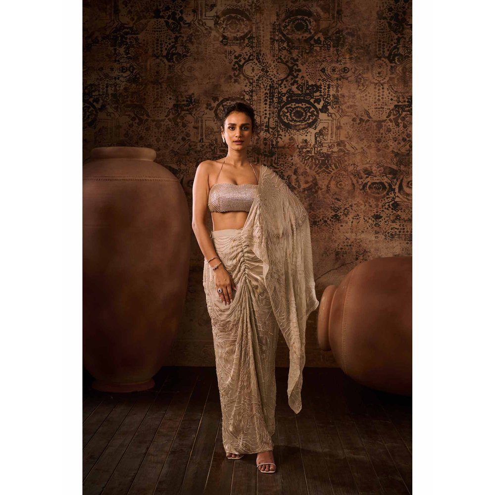 Masumi Mewawalla Chikoo Embellished Pre Drape Saree with Stitched Blouse