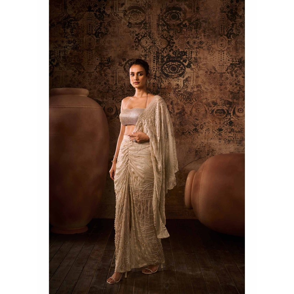 Masumi Mewawalla Chikoo Embellished Pre Drape Saree with Stitched Blouse