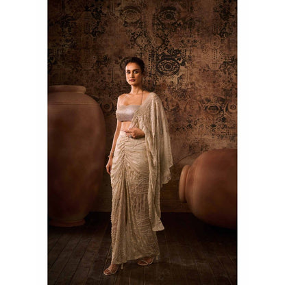 Masumi Mewawalla Chikoo Embellished Pre Drape Saree with Stitched Blouse