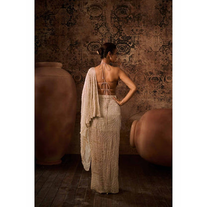 Masumi Mewawalla Chikoo Embellished Pre Drape Saree with Stitched Blouse