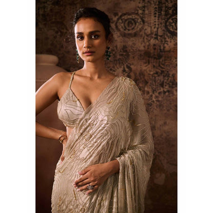 Masumi Mewawalla Chikoo Embellished Pre Drape Saree with Stitched Blouse