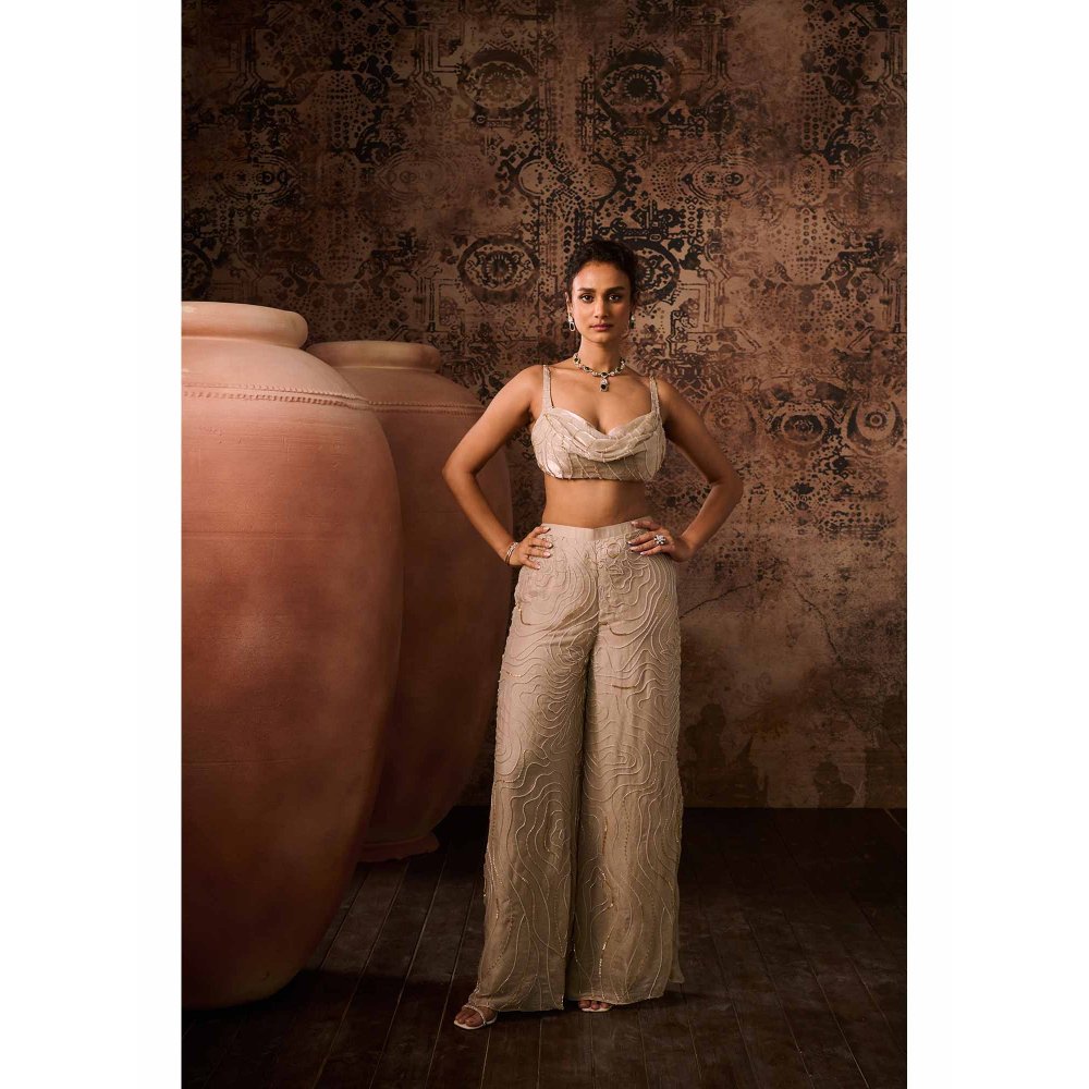 Masumi Mewawalla Chikoo Embroidered Cowl Neck Blouse with Palazzo (Set of 2)