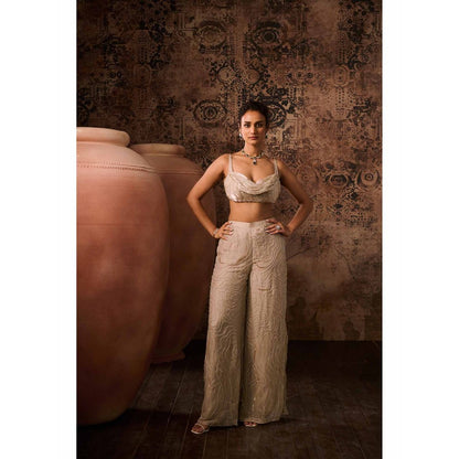 Masumi Mewawalla Chikoo Embroidered Cowl Neck Blouse with Palazzo (Set of 2)