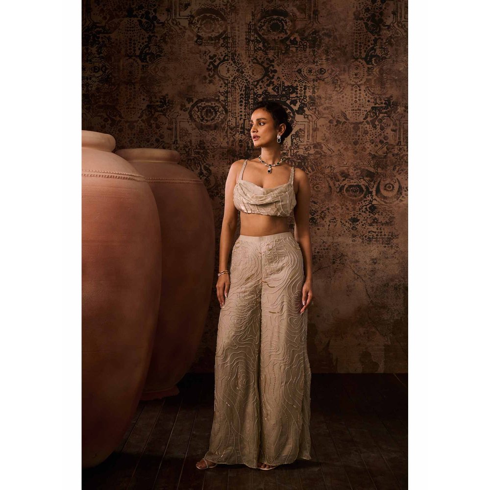 Masumi Mewawalla Chikoo Embroidered Cowl Neck Blouse with Palazzo (Set of 2)