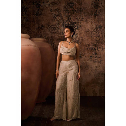 Masumi Mewawalla Chikoo Embroidered Cowl Neck Blouse with Palazzo (Set of 2)