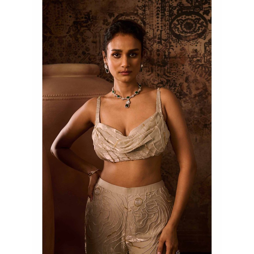 Masumi Mewawalla Chikoo Embroidered Cowl Neck Blouse with Palazzo (Set of 2)