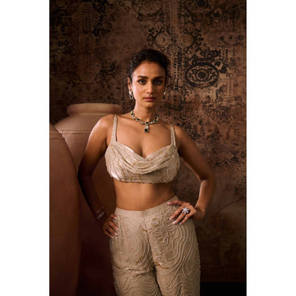 Masumi Mewawalla Chikoo Embroidered Cowl Neck Blouse with Palazzo (Set of 2)