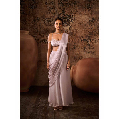 Masumi Mewawalla Silver Lavender Embellished Pre Drape Saree with Stitched Blouse