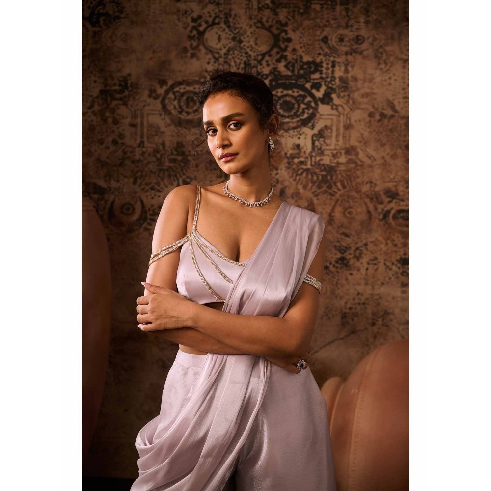 Masumi Mewawalla Silver Lavender Embellished Pre Drape Saree with Stitched Blouse