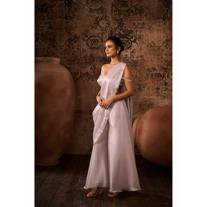 Masumi Mewawalla Silver Lavender Embellished Pre Drape Saree with Stitched Blouse