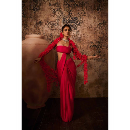 Masumi Mewawalla Hot Pink Solid Pre Drape Saree with Stitched Blouse