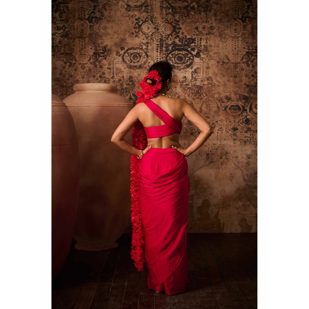 Masumi Mewawalla Hot Pink Solid Pre Drape Saree with Stitched Blouse