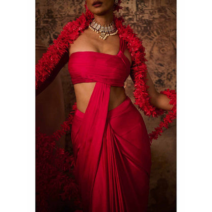 Masumi Mewawalla Hot Pink Solid Pre Drape Saree with Stitched Blouse