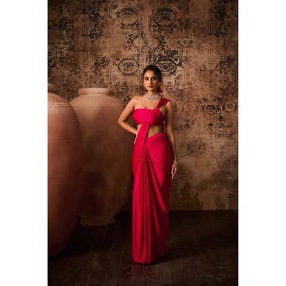 Masumi Mewawalla Hot Pink Solid Pre Drape Saree with Stitched Blouse