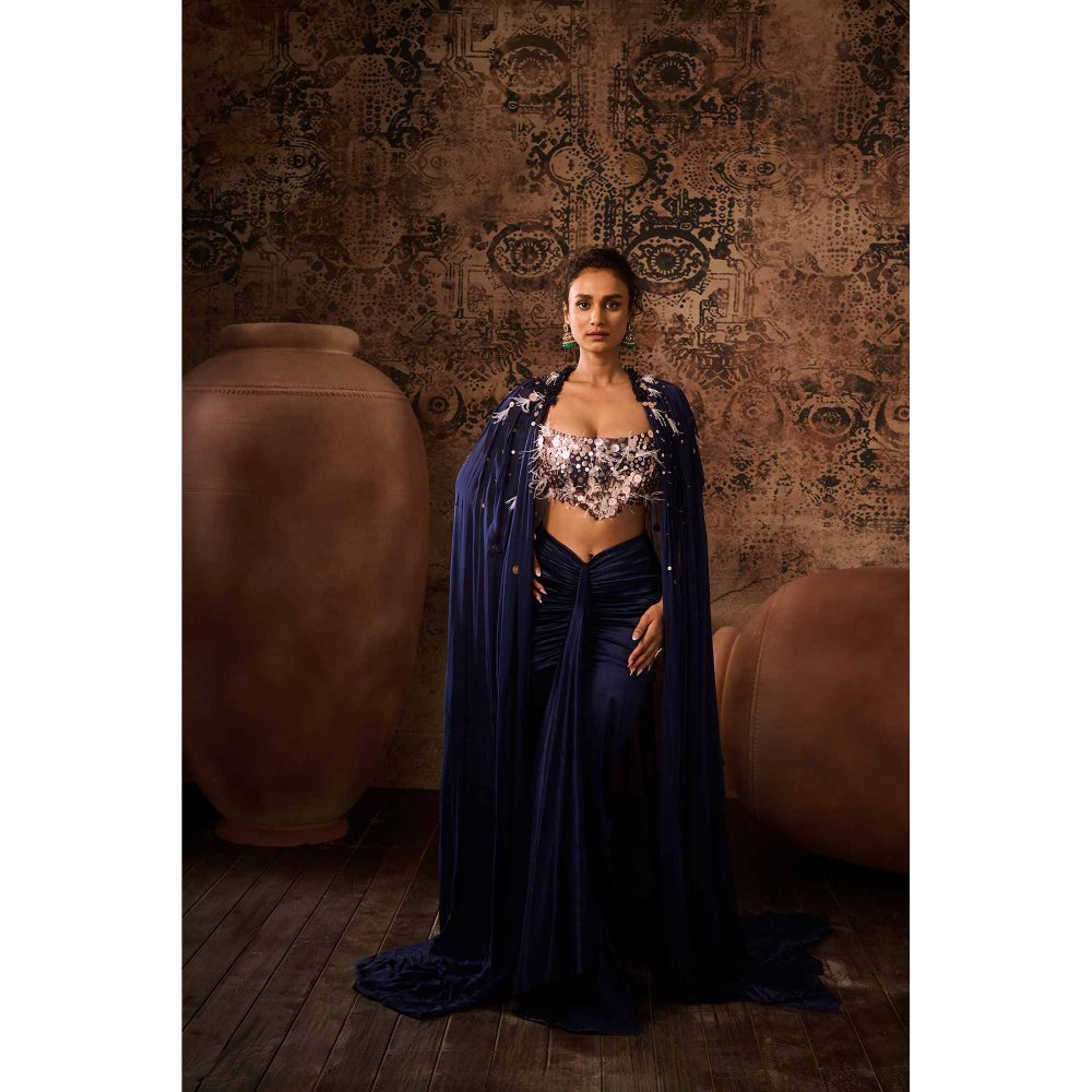 Masumi Mewawalla Navy Blue Embellished Blouse with Drape Skirt and Cape (Set of 3)