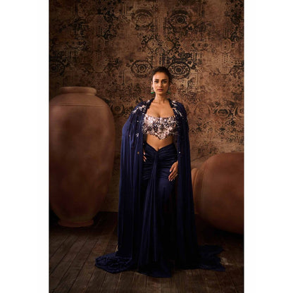 Masumi Mewawalla Navy Blue Embellished Blouse with Drape Skirt and Cape (Set of 3)