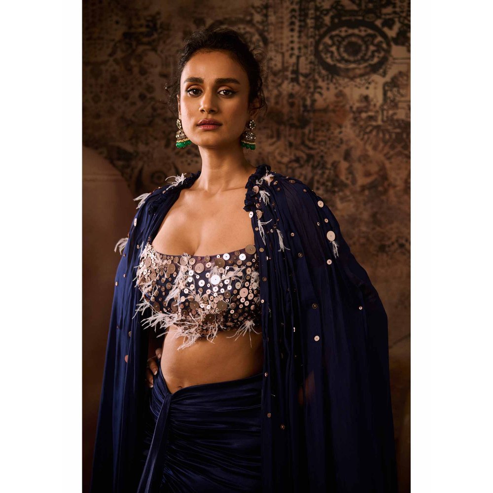 Masumi Mewawalla Navy Blue Embellished Blouse with Drape Skirt and Cape (Set of 3)