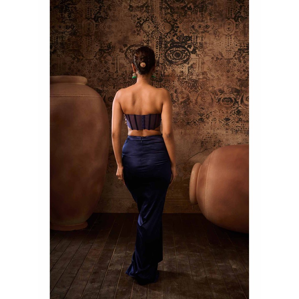 Masumi Mewawalla Navy Blue Embellished Blouse with Drape Skirt and Cape (Set of 3)