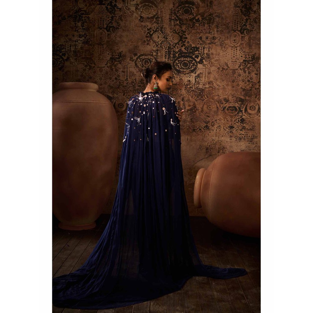 Masumi Mewawalla Navy Blue Embellished Blouse with Drape Skirt and Cape (Set of 3)