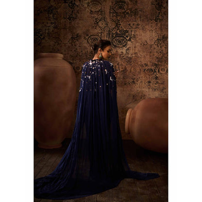 Masumi Mewawalla Navy Blue Embellished Blouse with Drape Skirt and Cape (Set of 3)
