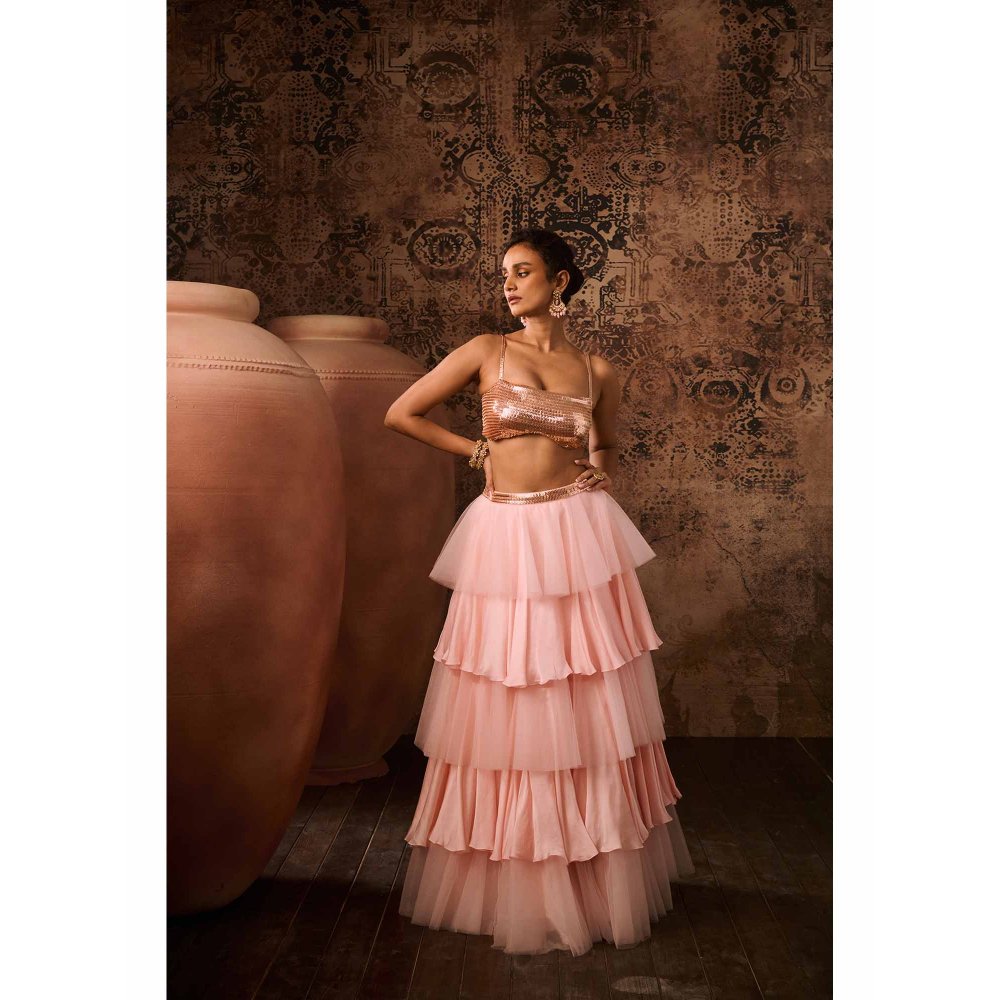 Masumi Mewawalla Pink Embellished Drape Skirt with Bustier (Set of 2)