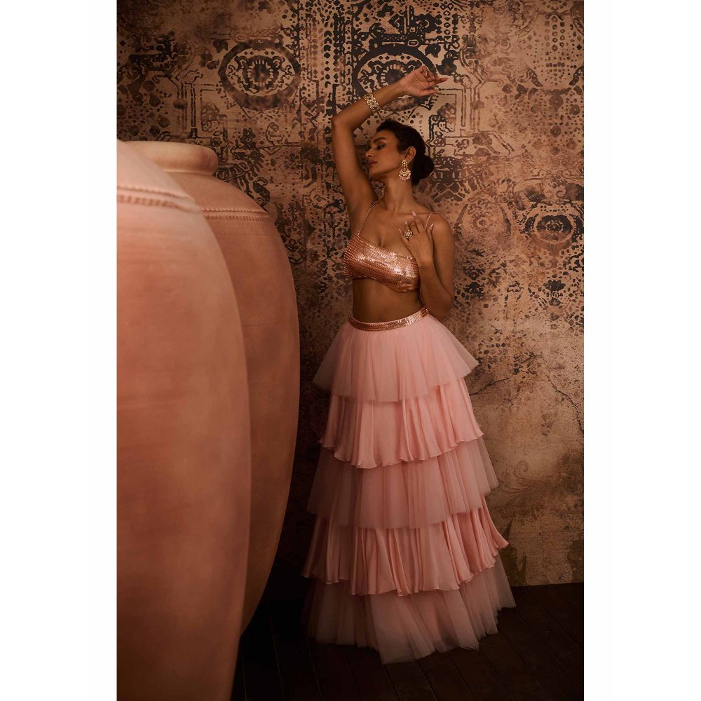 Masumi Mewawalla Pink Embellished Drape Skirt with Bustier (Set of 2)