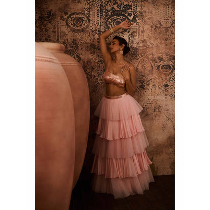 Masumi Mewawalla Pink Embellished Drape Skirt with Bustier (Set of 2)