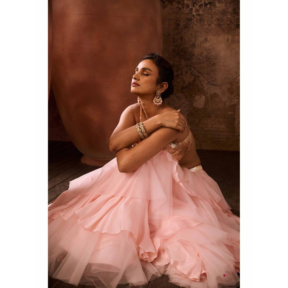 Masumi Mewawalla Pink Embellished Drape Skirt with Bustier (Set of 2)