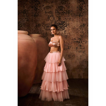 Masumi Mewawalla Pink Embellished Drape Skirt with Bustier (Set of 2)