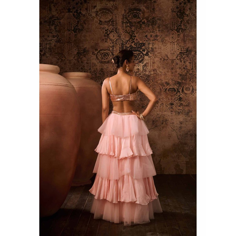 Masumi Mewawalla Pink Embellished Drape Skirt with Bustier (Set of 2)