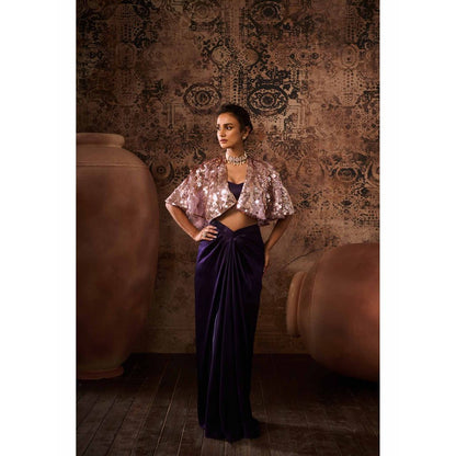 Masumi Mewawalla Purple Embellished Blouse with Drape Skirt and Cape (Set of 3)