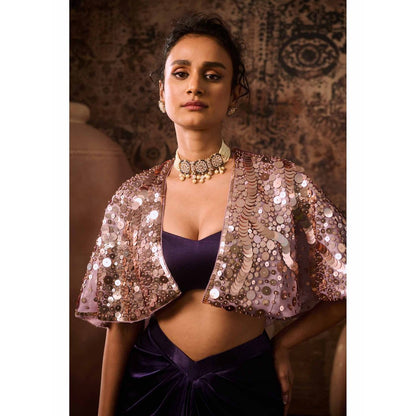 Masumi Mewawalla Purple Embellished Blouse with Drape Skirt and Cape (Set of 3)