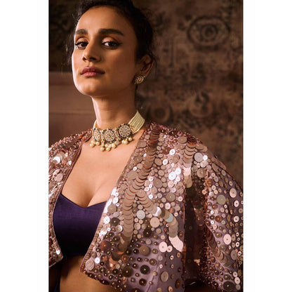 Masumi Mewawalla Purple Embellished Blouse with Drape Skirt and Cape (Set of 3)