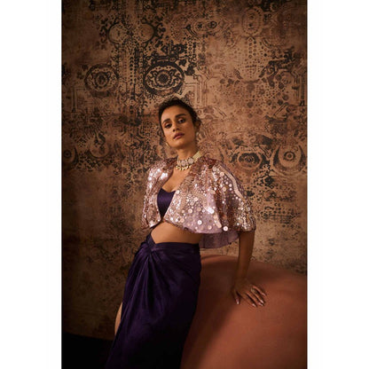 Masumi Mewawalla Purple Embellished Blouse with Drape Skirt and Cape (Set of 3)