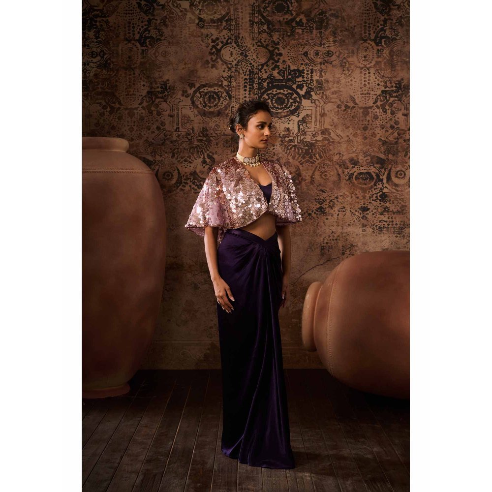 Masumi Mewawalla Purple Embellished Blouse with Drape Skirt and Cape (Set of 3)