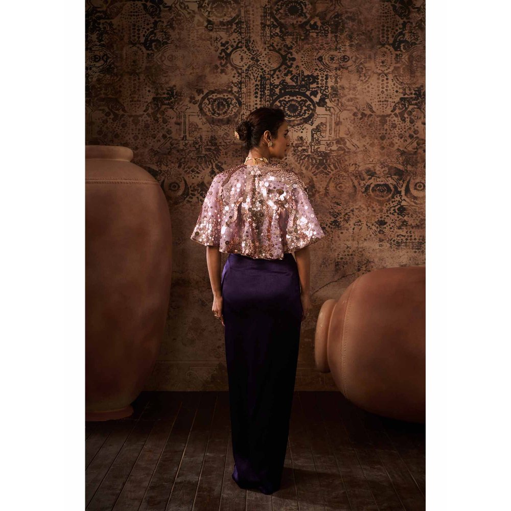 Masumi Mewawalla Purple Embellished Blouse with Drape Skirt and Cape (Set of 3)