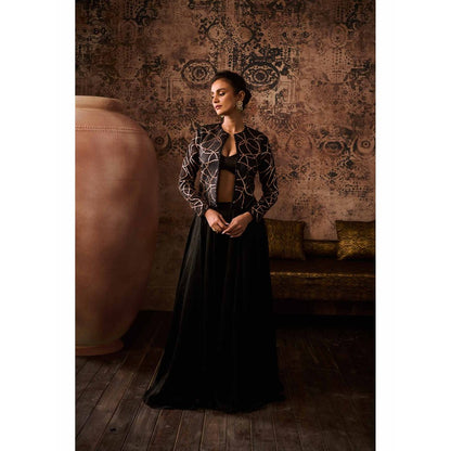 Masumi Mewawalla Black Embroidered Jacket with Bustier and Palazzo (Set of 3)