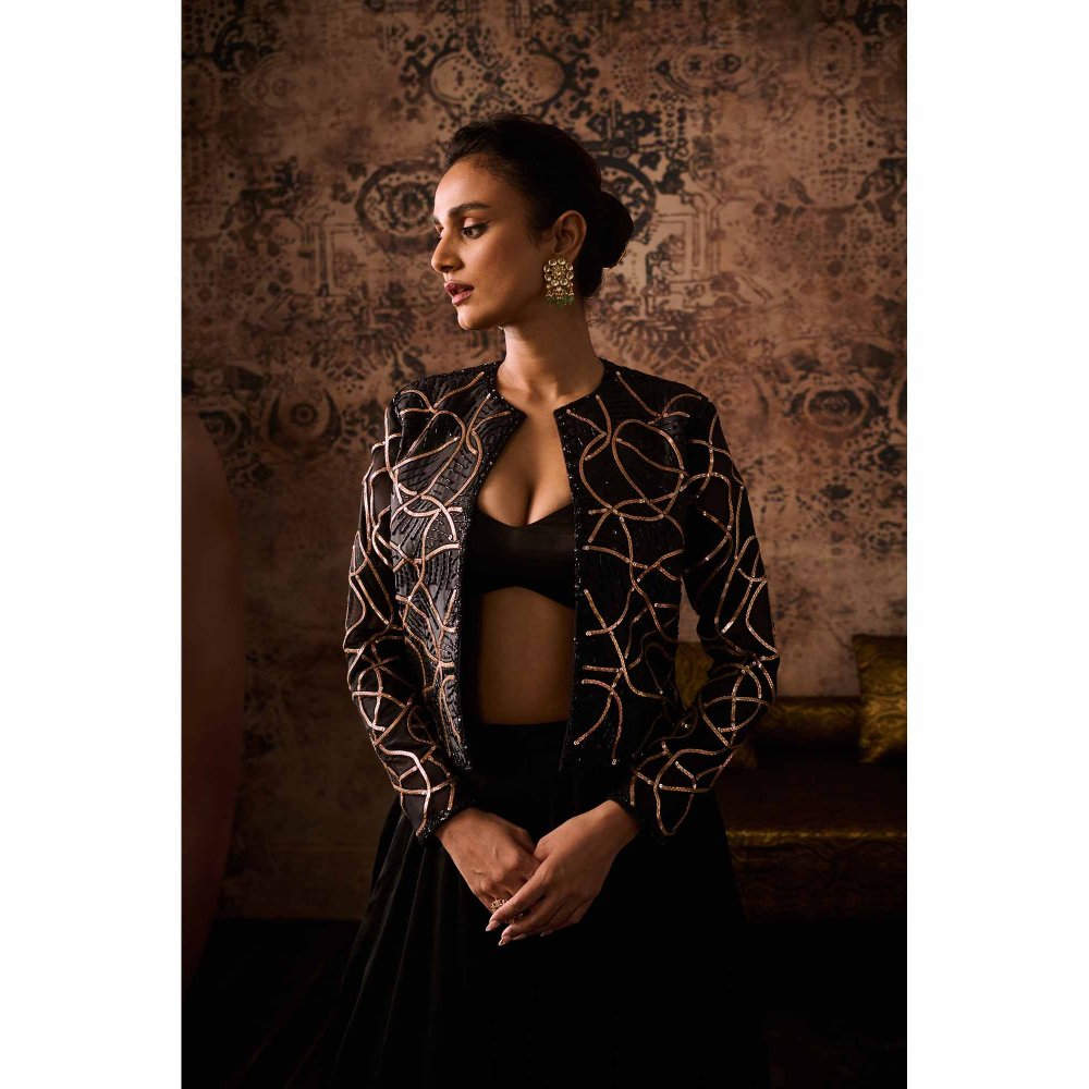 Masumi Mewawalla Black Embroidered Jacket with Bustier and Palazzo (Set of 3)