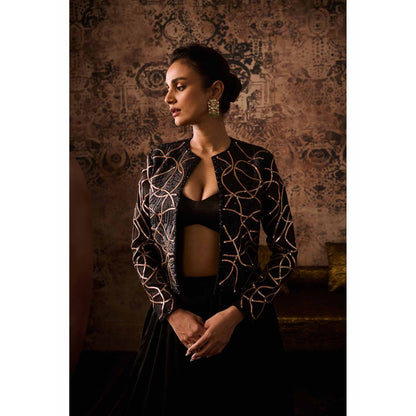 Masumi Mewawalla Black Embroidered Jacket with Bustier and Palazzo (Set of 3)