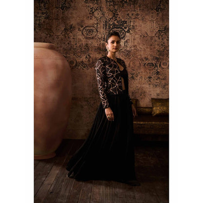 Masumi Mewawalla Black Embroidered Jacket with Bustier and Palazzo (Set of 3)