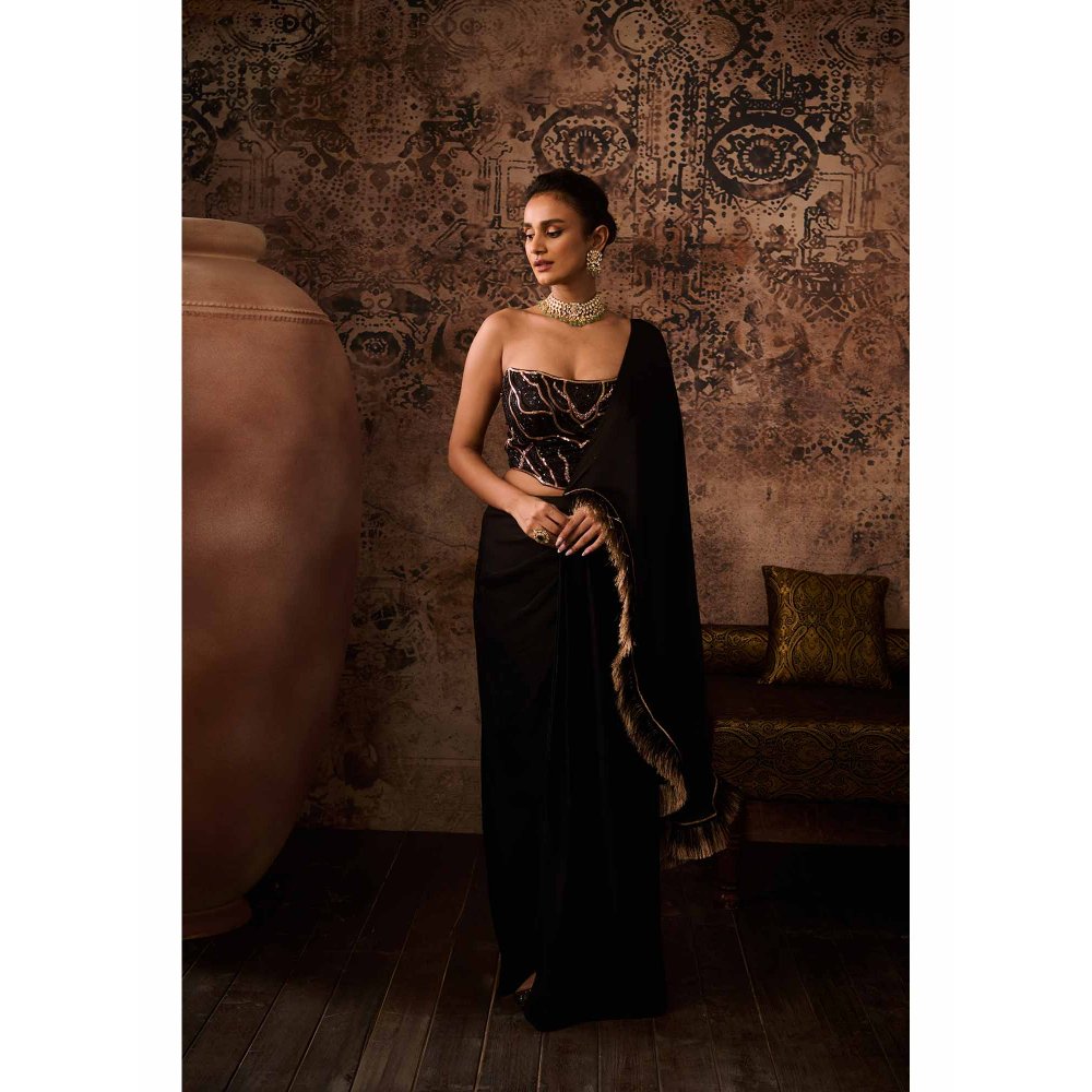 Masumi Mewawalla Black Embellished Pre Drape Saree with Stitched Blouse